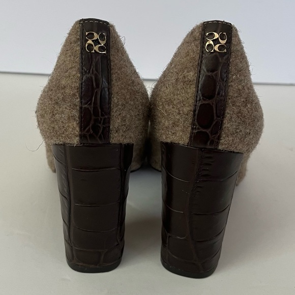 COACH Ophelia Taupe Wool Fabric Brown Leather Croc Embossed Pumps Size 6B - Picture 7 of 11
